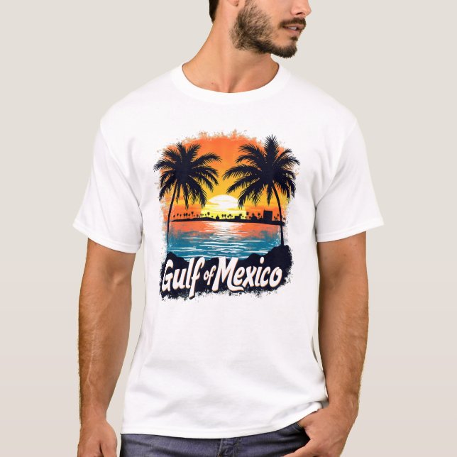 Camiseta Arte de palmeras de silueta atardecer del Golfo de (Anverso)