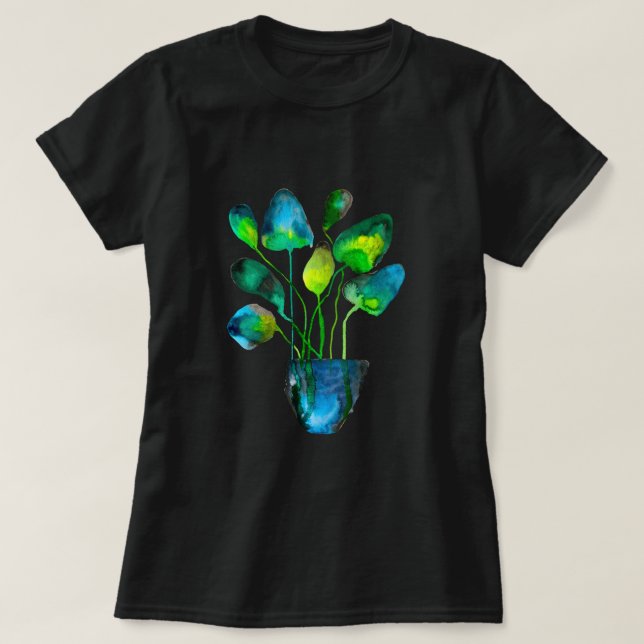Camiseta Arte de planta acuarela abstracto verde y azul (Diseño del anverso)