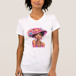 Camiseta Arte de retrato vibrante de mujer con sombrero flo