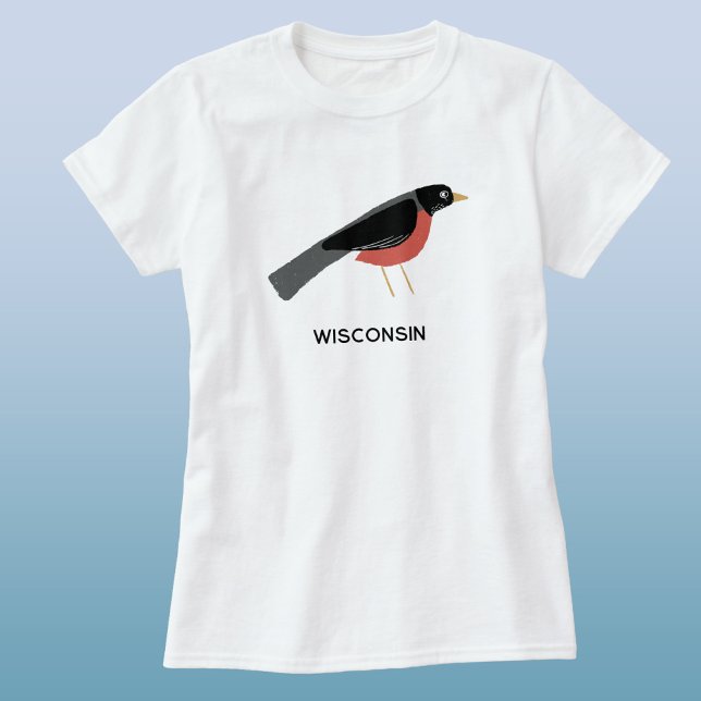 Camiseta Arte de Robin Americano Wisconsin Texto Personaliz (American Robin Wisconsin custom name text or quote state bird t-shirt)