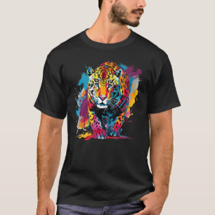 Camiseta Arte de Salpicadura Colorida Jaguar Vida Silvestre