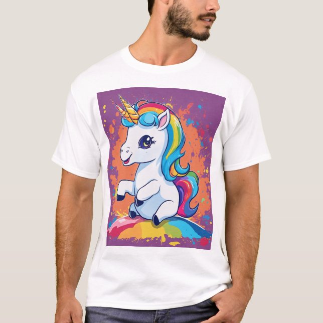 Camiseta Arte de salpicadura de unicornio bebé arcoíris. (Anverso)