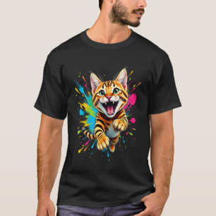 Camiseta Arte de salpicaduras de gato bengalí saltando para
