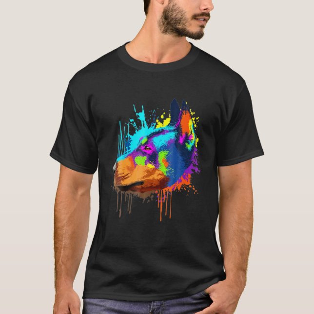 Camiseta Arte de salpicaduras Dobermann colorido perro (Anverso)