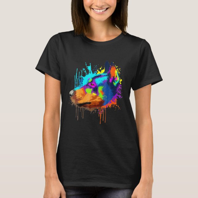 Camiseta Arte de Salpicaduras Dobermann Colorido Perro Lind (Anverso)