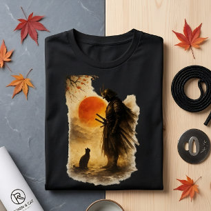 Camiseta Arte de Samurái Japonés Guerrero & Gato Negro