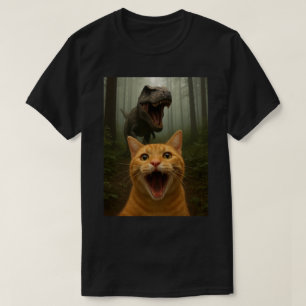Camiseta Arte de Selfie de Gato Divertido con Dinosaurio   