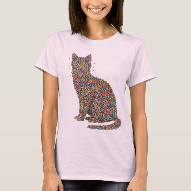 Camiseta Arte de silueta de amante de gatos mariposa | Impr (Anverso)