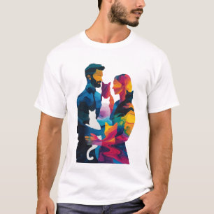 Camiseta Arte de Silueta de Pareja Colorida y Gatos 