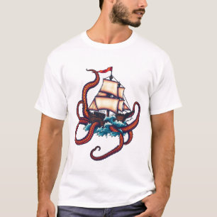 Camiseta Arte de tatuaje de barco contra kraken
