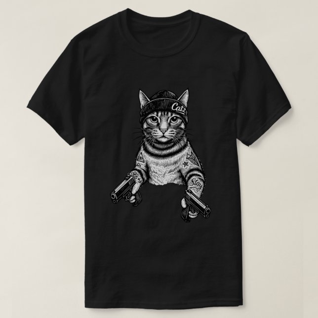 Camiseta Arte de tatuaje de gato gánster | Kitty de moda ca (Diseño del anverso)