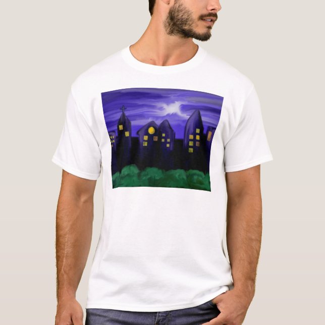 Camiseta Arte de tela de rascacielos de la ciudad nocturna (Anverso)