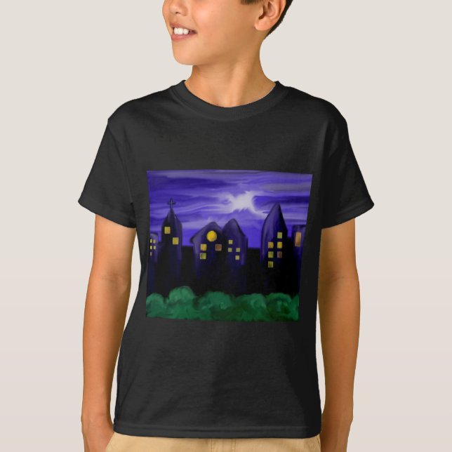 Camiseta Arte de tela de rascacielos de la ciudad nocturna (Anverso)