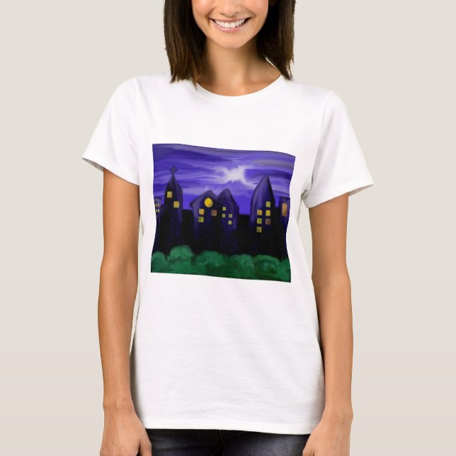 Camiseta Arte de tela de rascacielos de la ciudad nocturna (Anverso)