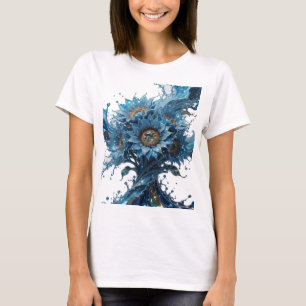 Camiseta Arte de texto 3D explosión floral azul oro de moda