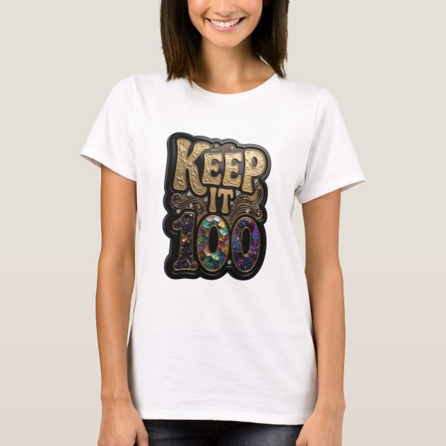 Camiseta Arte de texto 3D Vibrante Oro KEEP IT 100 (Anverso)