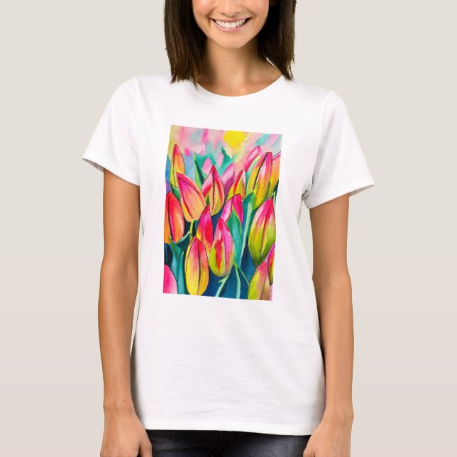 Camiseta Arte de tulipanes color agua rosa (Anverso)
