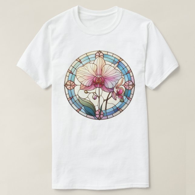 Camiseta Arte de vidrio manchado de orquídea (Diseño del anverso)
