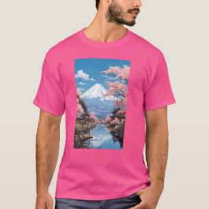 Camiseta Arte del Monte Fuji Japón con flores de sakura