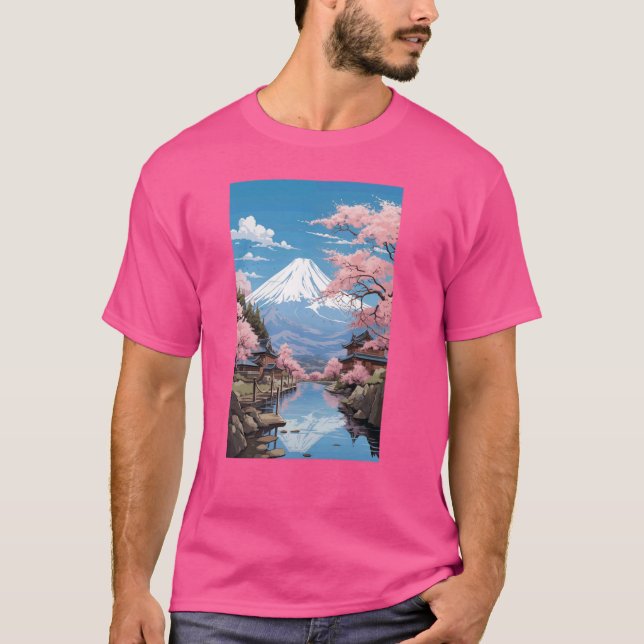 Camiseta Arte del Monte Fuji Japón con flores de sakura (Anverso)