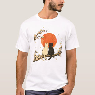 Camiseta Arte del sol rojo Gatos cerezos japoneses vintage
