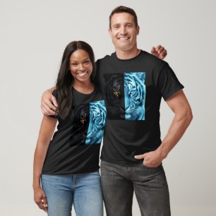 Camiseta Arte digital de cara de tigre de fuego mitad negro