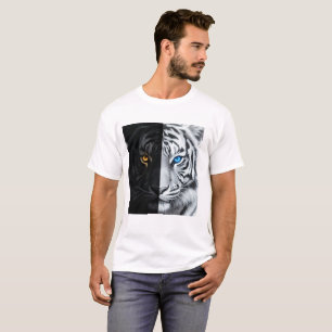 Camiseta Arte digital de cara de tigre de fuego mitad negro