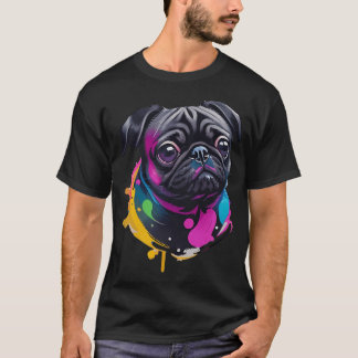 Camiseta Arte en Acuarela de Pug Negro Adorable - Gotitas D