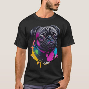 Camiseta Arte en Acuarela de Pug Negro Adorable - Gotitas D