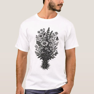 Camiseta Arte floral botánico linóleo de flores silvestres