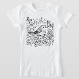 Camiseta Arte floral caprichoso de ave y mariposa