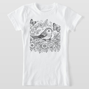 Camiseta Arte floral caprichoso de ave y mariposa