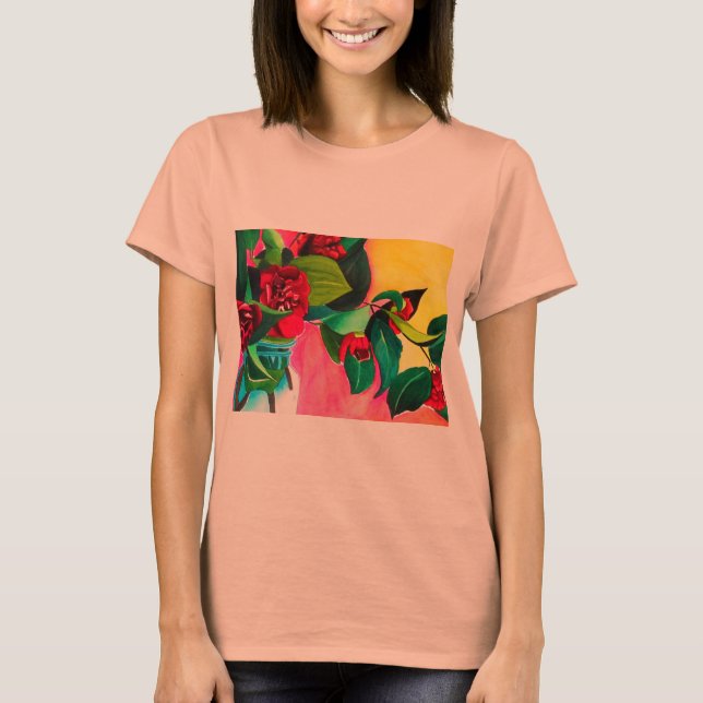 Camiseta Arte floral de Camellias Rojas (Anverso)