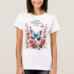 Camiseta Arte Floral de Mariposa Azul Personalizable-96279