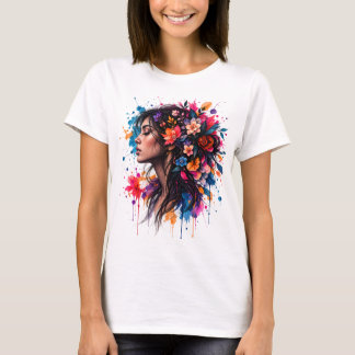 Camiseta Arte Floral de Mujer en Acuarela Colorida