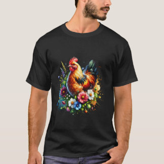 Camiseta Arte Floral de Pollo Gráfico Mujeres Granja Amor p