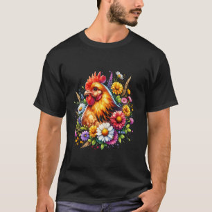 Camiseta Arte Floral de Pollo Gráfico Mujeres Granja Amor p