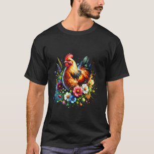 Camiseta Arte Floral de Pollo Gráfico Mujeres Granja Amor p