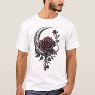 Camiseta Arte floral oscuro de rosa gótica creciente luna