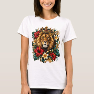 Camiseta Arte floral tropical de león coronado regio