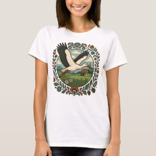 Camiseta Arte folclórico polaco de la cigüeña en el campo