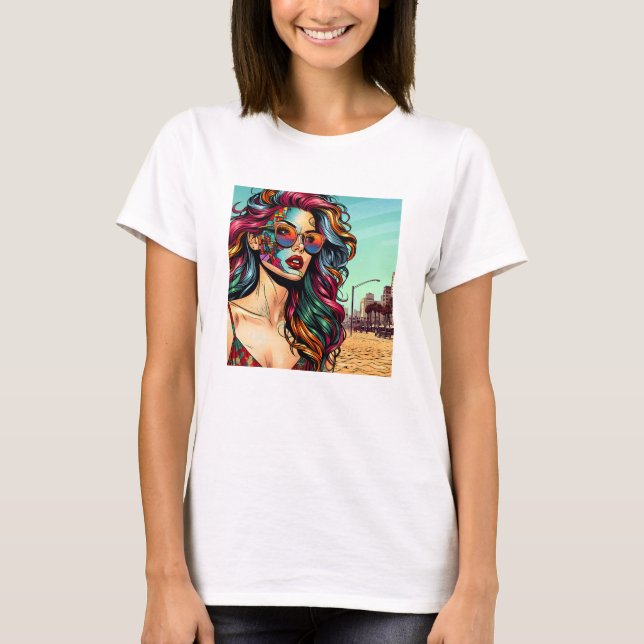 Camiseta Arte fracturado | Mujer abstracta en la playa (Anverso)