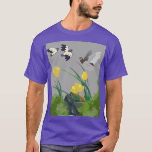 CAMISETA ARTE GRÁFICO DE TULIPÁN Y PÁJARO VOLADOR