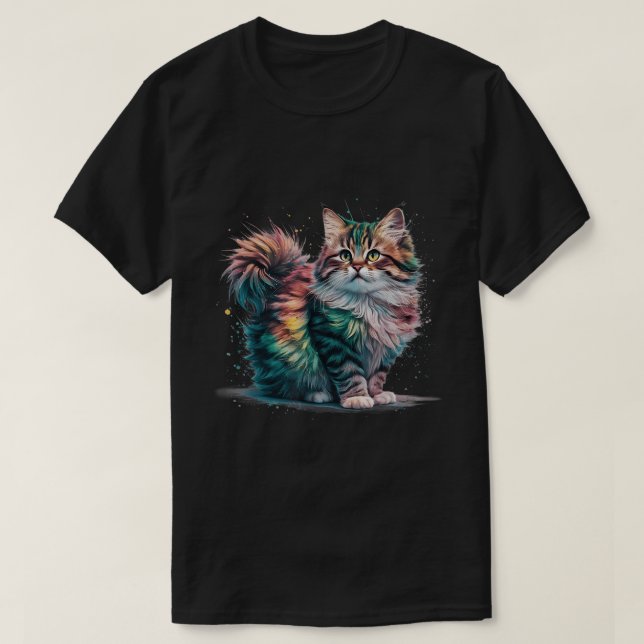 Camiseta Arte impreso en acuarela de gato esponjoso arcoíri (Diseño del anverso)