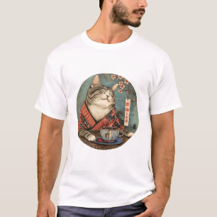 Camiseta Arte japonés de moda felino feliz con una taza de