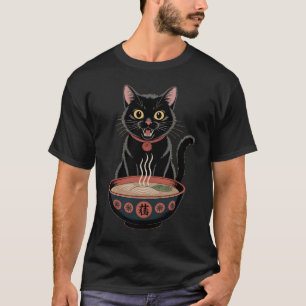 Camiseta Arte Japonés de Ramen con Gato Negro Lindo y Diver
