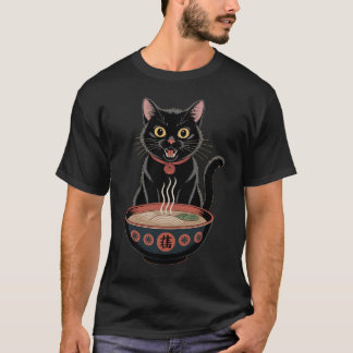 Camiseta Arte Japonés de Ramen con Gato Negro Lindo y Diver