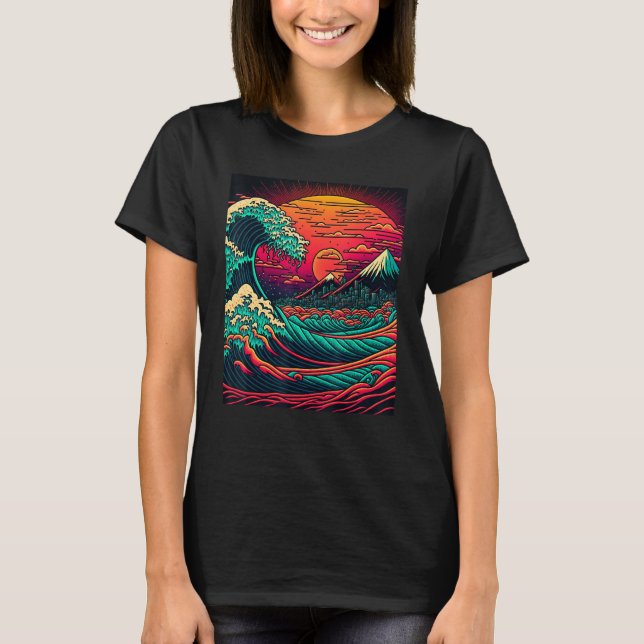Camiseta Arte Japonés Estilo Ukiyo-e Retrowave Gran Ola de (Anverso)