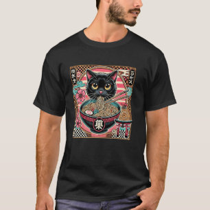 Camiseta Arte Japonés Floral Gatito Amante Lindo Gato Ramen