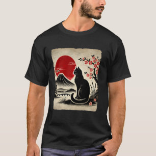 Camiseta Arte japonés gato negro Monte Fuji flores de cerez